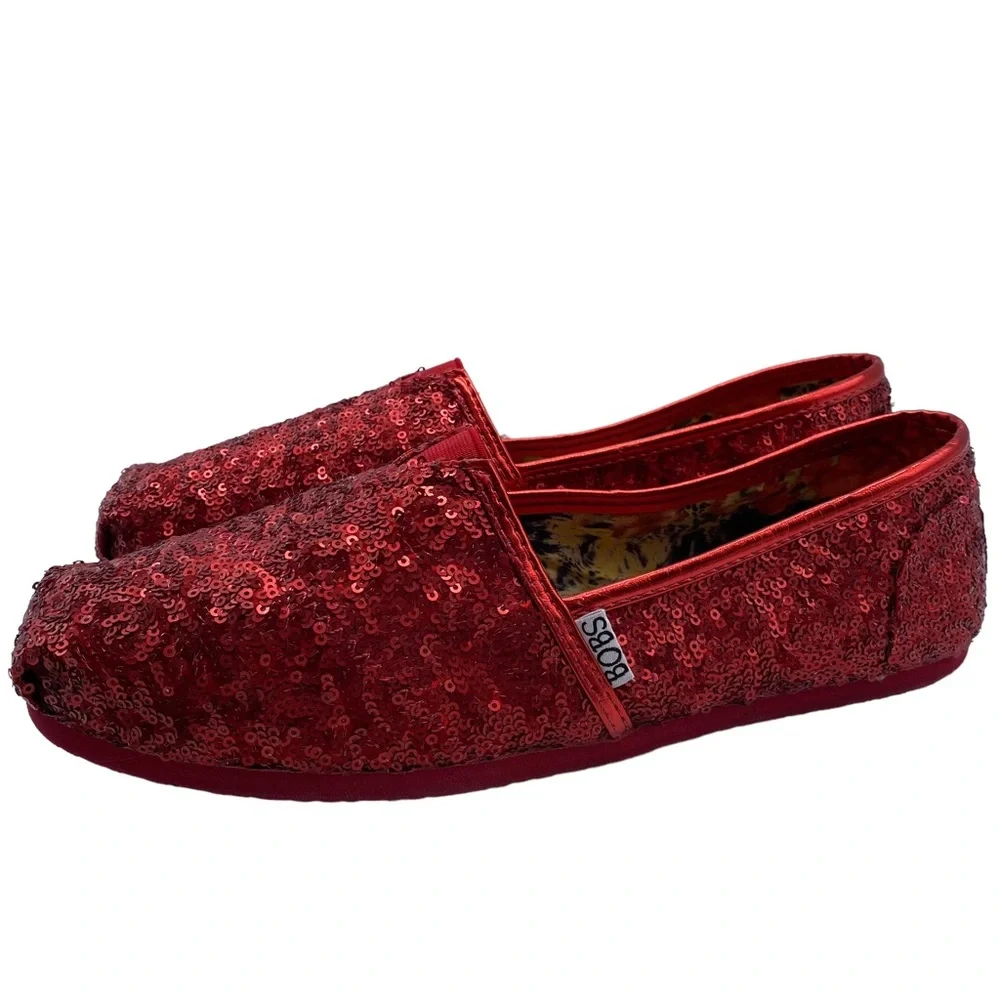 BOBS for Skechers Red Sequin Slip On Flats Size 10
